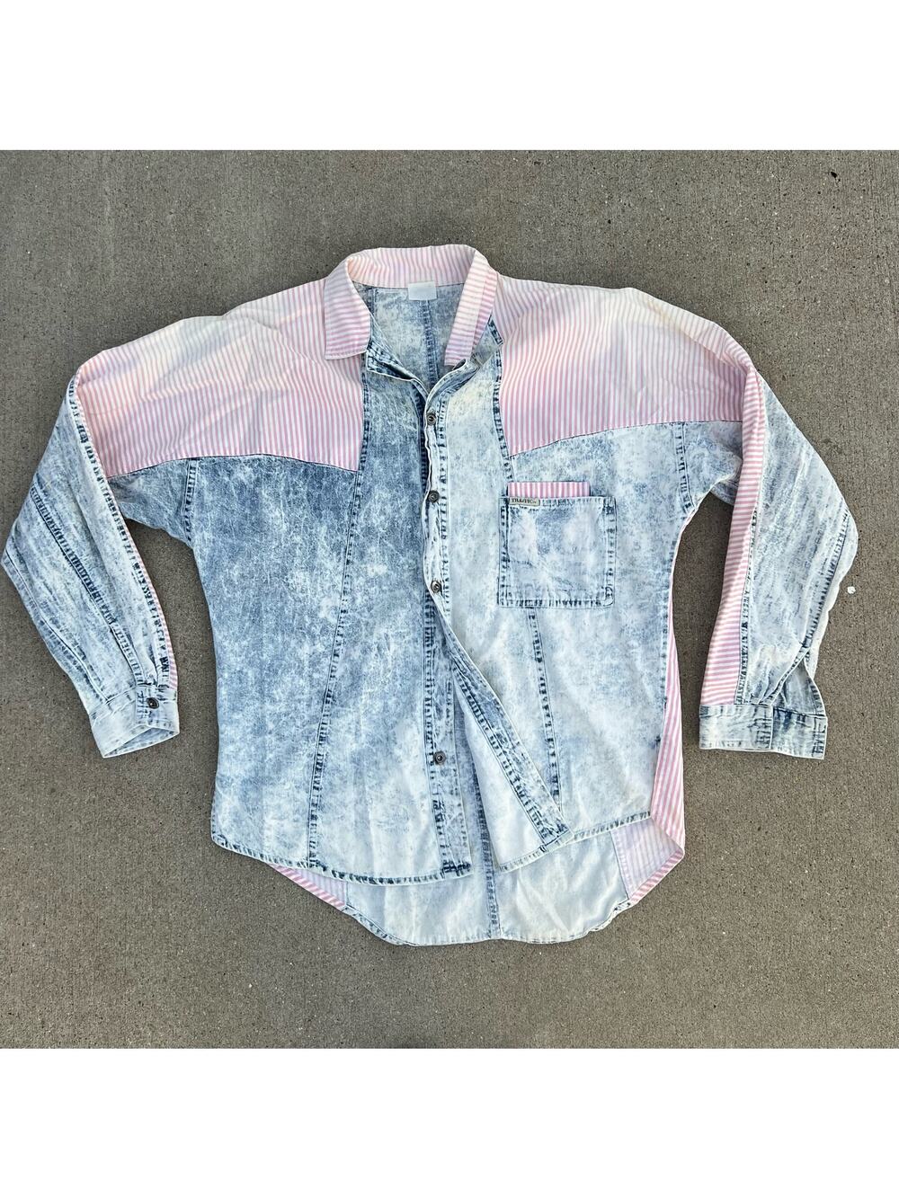 80s Traffic pink white striped acid wash chambray button up L/S shirt L/XL?